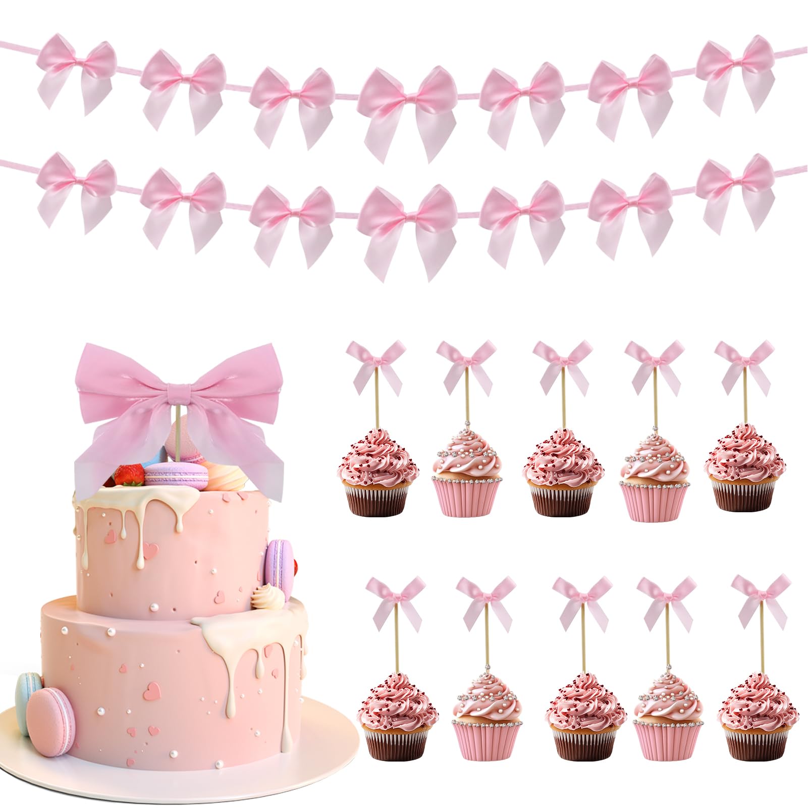 Photo 1 of Pink Ribbon Bows Cake Topper Bow Cupcake Toppers Coquette Themed Party Vintage Cake Topper for Bridal Cake Dessert Picks Birthday Wedding Party Cake Decoration(Style B)