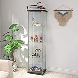 Contemporary 4-Shelf Glass Display Cabinet in Clear with Door, Floor Standing Curio Bookshelf for Living Room Bedroom Office,