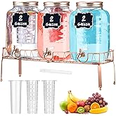 Lallisa 3 Pcs 2 Gallon Glass Drink Dispenser with Stand and Lid Mason Jar Beverage Dispenser with Stainless Steel Spigot, Hanging Chalkboard Signs, Fruit Infuse, Ice Cylinder, Liquid Pen (Rose Gold)