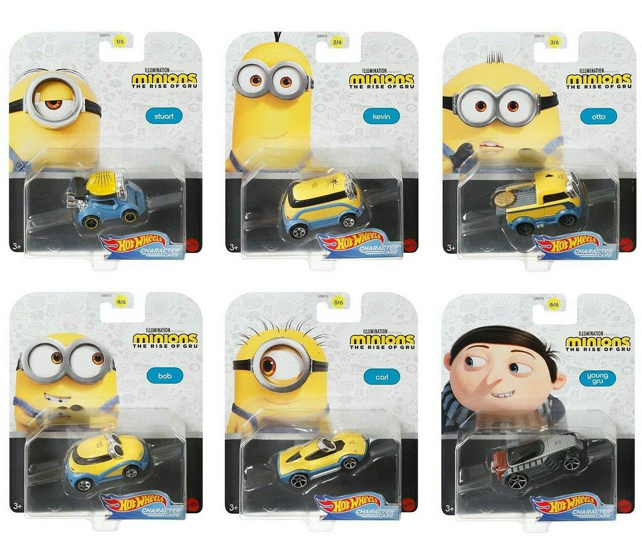 Hot Wheels Character Cars Minions The Rise of Gru - Complete Set of All 6 1:64 Scale DieCast Vehicles