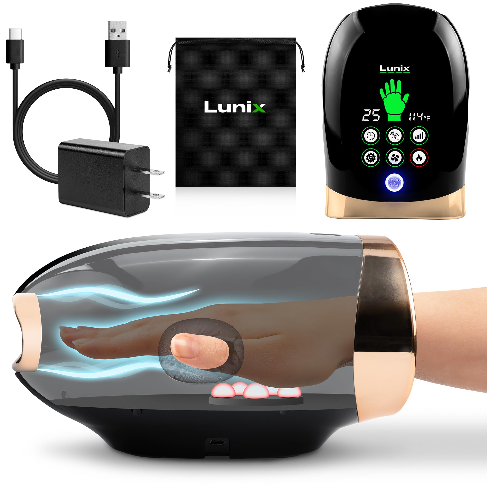 Photo 1 of Lunix LX30 Rolling Hand Massager, Kneading + Compression, Heat + Cooling Fan, Finger & Wrist Pain Relief, Cordless Rechargeable, Charcoal Black