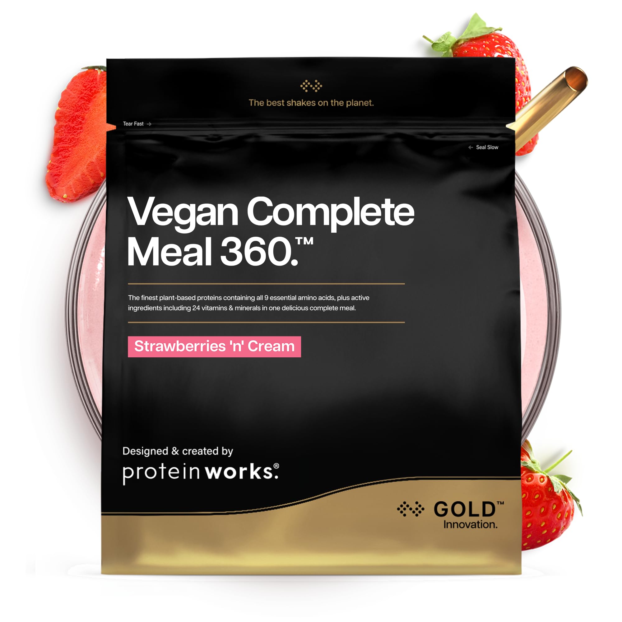 Protein Works | Vegan Complete Meal 360 - GOLD Innovation, Award-Winning Vegan Protein Meal Replacement Shake, Premium Plant-Based Ingredients, Vitamins & Minerals, Strawberries n Cream, 5 Meals, 500g