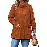 Siddhe Plus Size Clothes for Women Long Sleeve Casual Dressy Tops Loose Fit Turtleneck Lightweight Knit Sweater with Pockets Fall Winter (Caramel,XXXL)