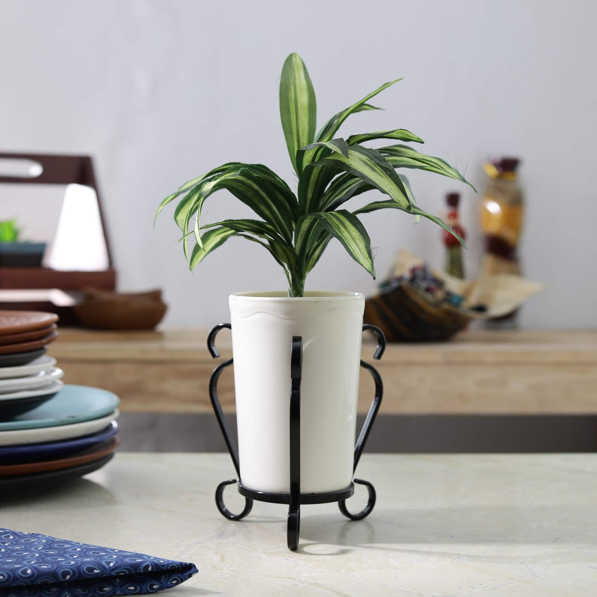 JVS Black Cast Iron Stand with White Bloom Flower Pot