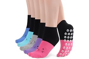 WANZHIHUI Non Slip Grippy Socks for Women Girls 5 Pack Cute Cat Grip Socks Pilates Slippers Footies for Yoga Barre Hospital