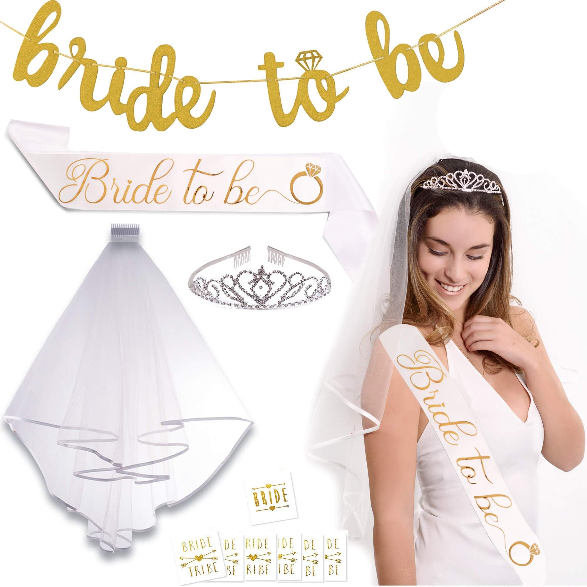 Bachelorette Party Bride to Be Decorations Kit - Bridal Shower Supplies Gift - Rhinestone Tiara, Veil, “Bride to Be” Sash, Flash Tattoos & Pre-Strung Banner - Rose Gold, Pink Party Decoration Favors