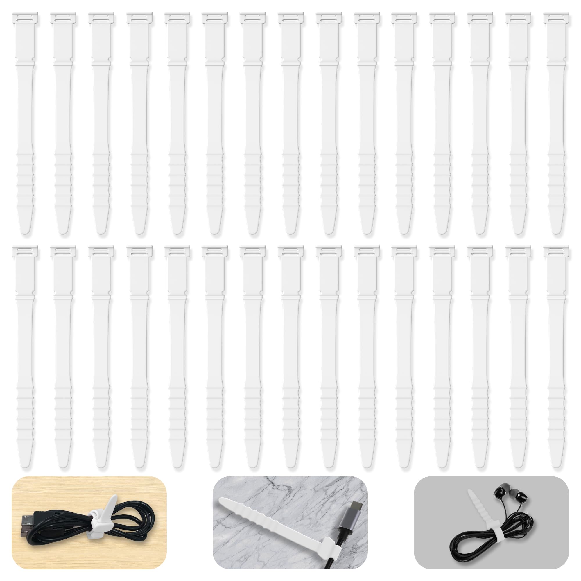 Reusable Cable Ties 4.5inch Silicone Cable Ties, 30pcs Reusable Zip Ties Elastic Silicone Cord Organizer Straps Ties for Charging Cables USB Cables Earphones Cable Audio(11.3cm, 30pcs, White)