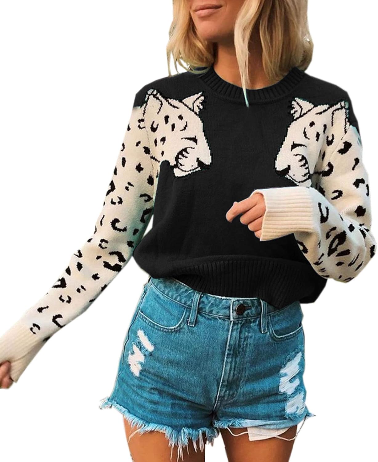 Angashion Women's Sweaters Casual Leopard Printed Patchwork Long Sleeves Knitted Pullover Cropped Sweater Tops: Clothing