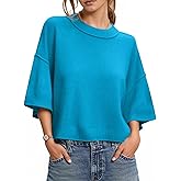 Women's Spring Sweater Cropped 2026 Fashion 3/4 Short Sleeve Casual Crewneck Knit Tops Loose Lightweight Pullover