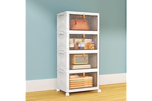 7 code 4 Tier Stackable Storage Bins with Lid, 23QT Storage Cabinet with Wheels, Foldable Storage Box, Closet Organizers and 