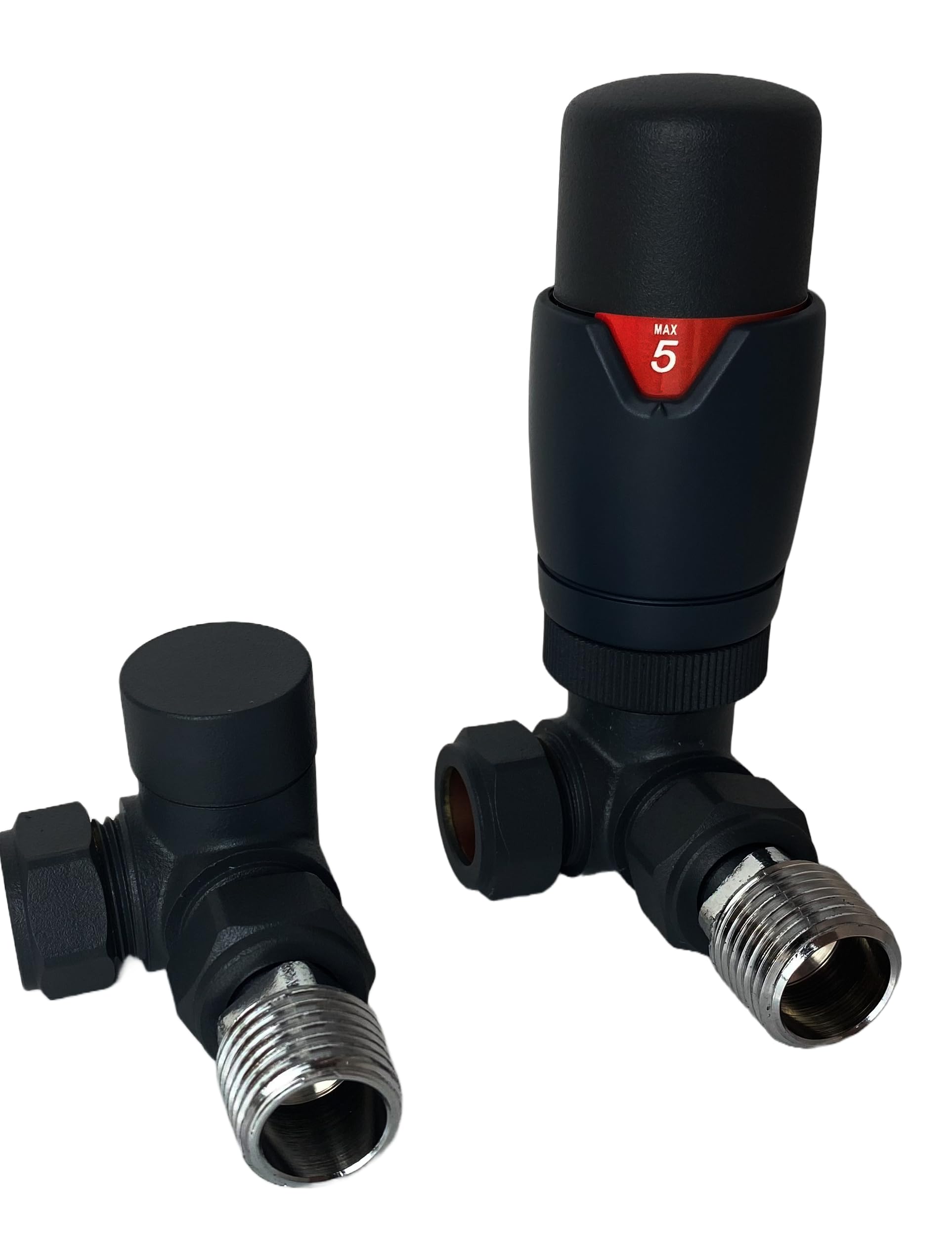 Greened House Kiev Black Designer Corner Thermostatic Radiator & Towel Rail Valve TRV with Lockshield 15mm Pipework Standard Panel Radiator