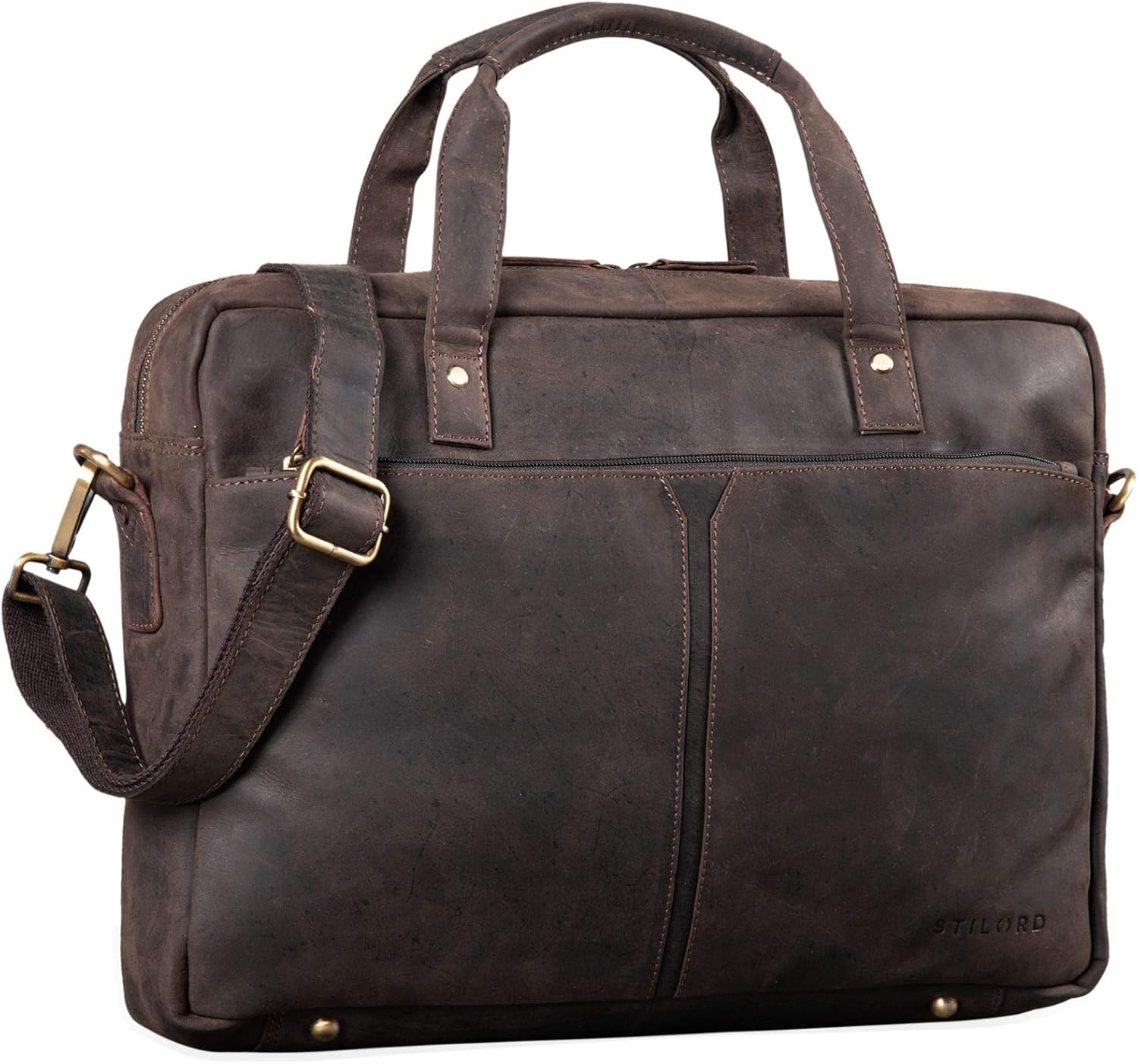 STILORD 'Geralt' Vintage Leather Bag Men Messenger Briefcase Satchel Shoulder Bag Large 15,6 inch Notebook Bag Attachable, Colour:Dark - Brown