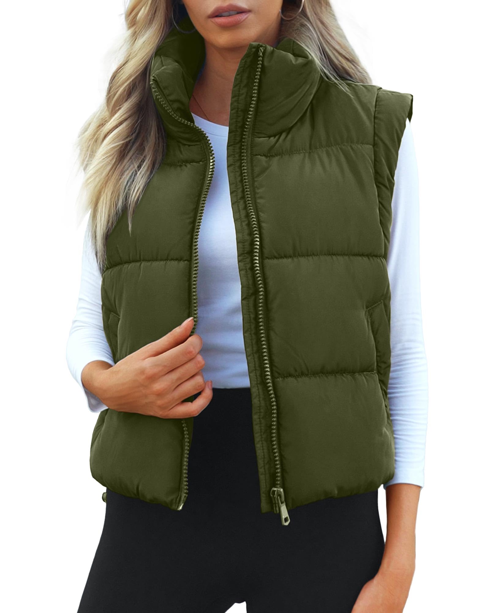 Photo 1 of Polu Cropped Puffer Vest Women Sleeveless Stand Collar Padded Gilet Winter Lightweight Puffy Vest(Armygreen,M)