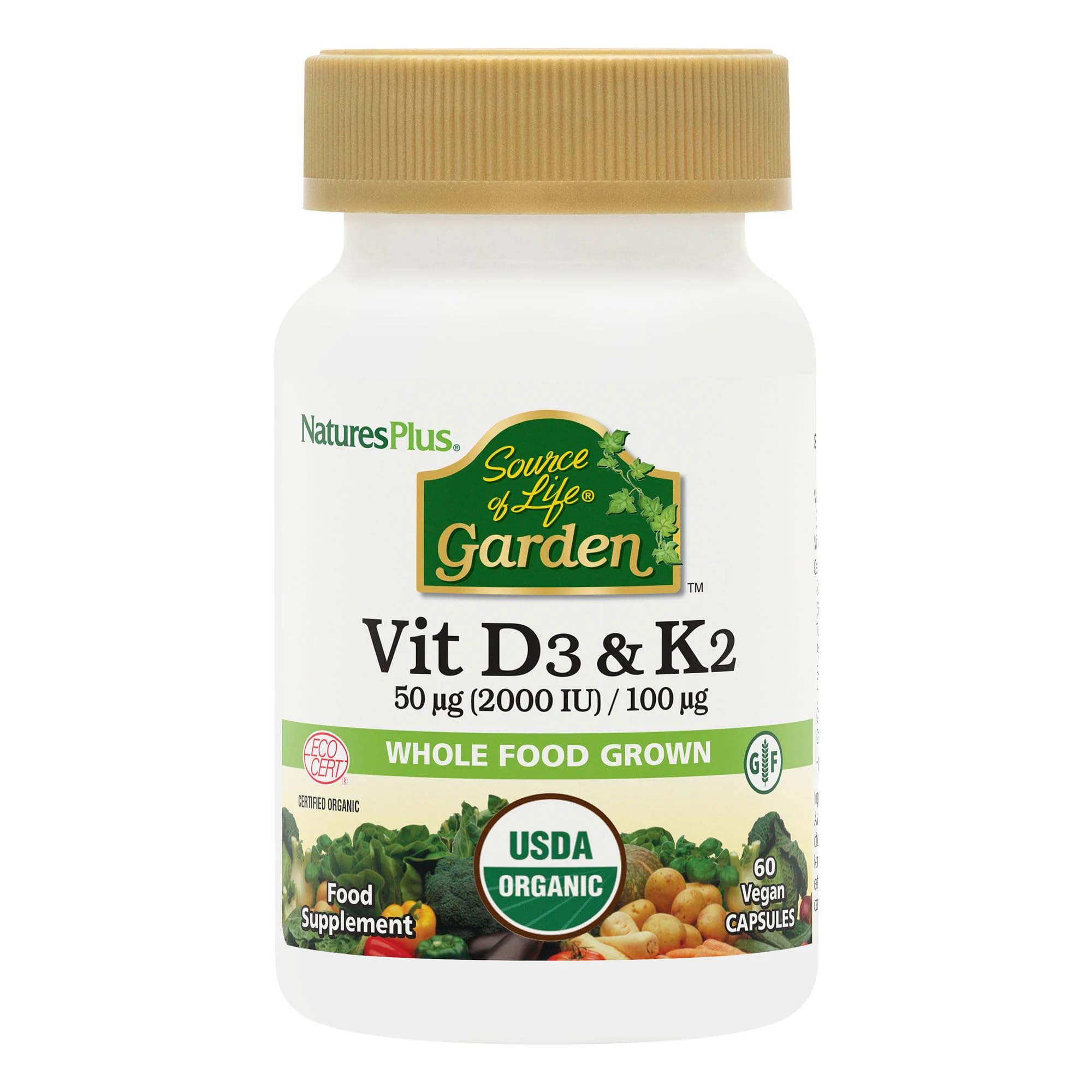 NaturesPlus Source of Life Garden Organic Vitamin D3 2000IU with K2 100mcg - Vegan Vitamin D3 and K2 Supplement - Immune Support, Bone Health - Gluten Free - 60 Capsules