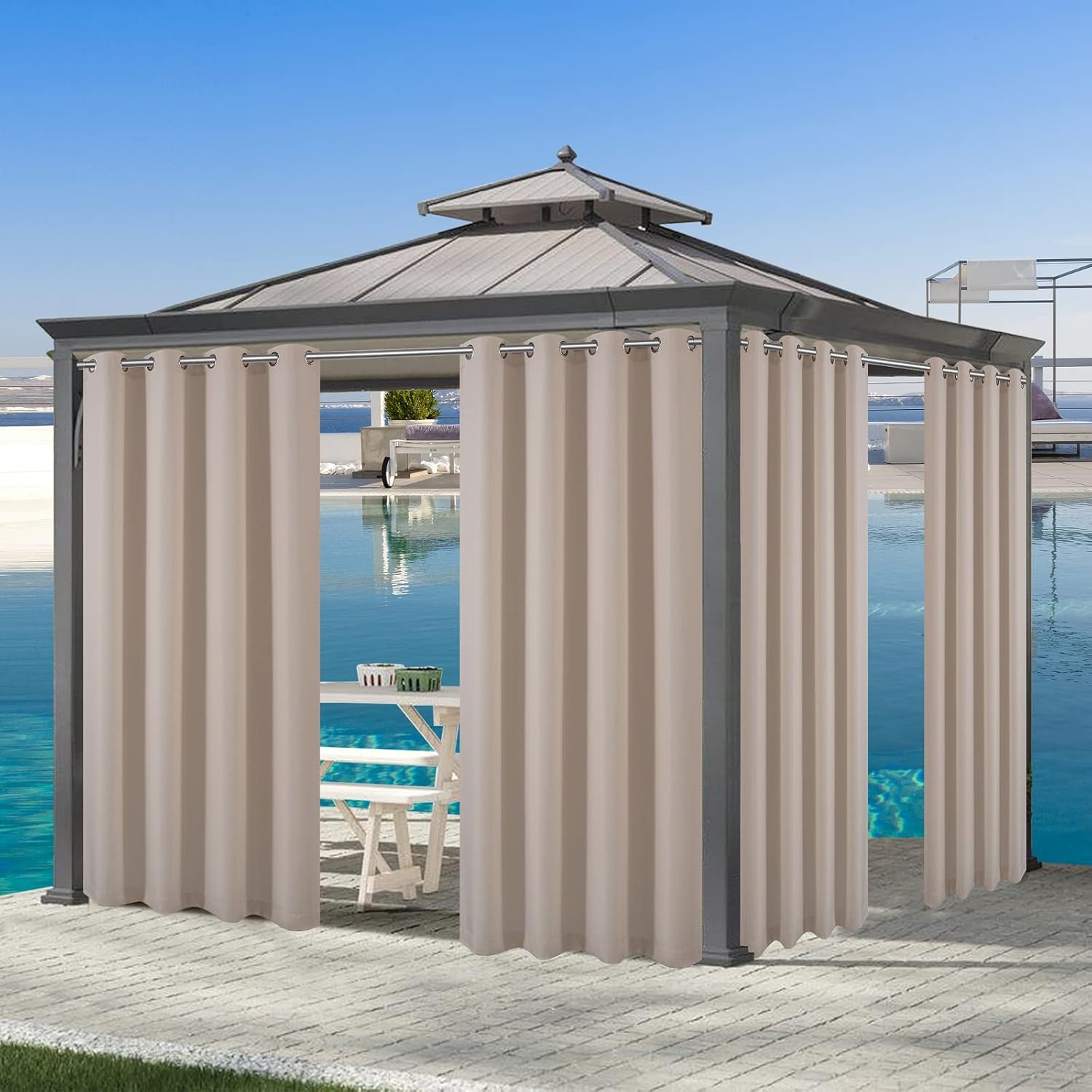 Outdoor Curtains - Voday (2 Panels) Waterproof Outdoor Curtains 54 X 84 Inch - Rustproof Grommet Heat Blocking Home Curtain - Room Darkening Blackout Curtains for Indoor, Patio, Pergola, Porch, Lanai, Garden, Cabana