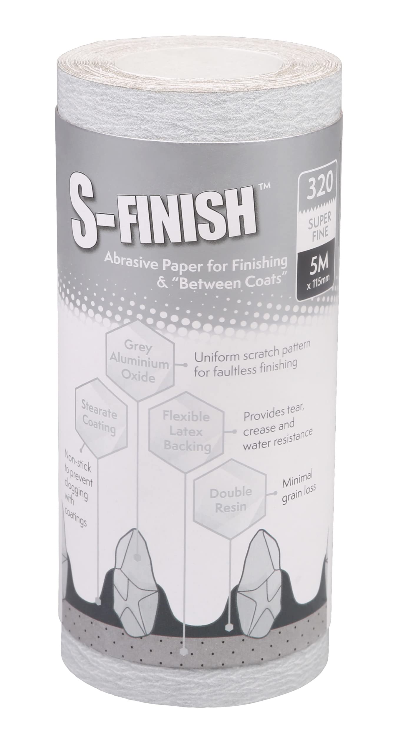 Axus Decor S-Finish Finishing & Between Coats Paper (Grey Series) Abrasive Paper, Sanding Paper Roll, Non-Stick & Long Lasting, For Professional Painters & DIY Projects - 5m x 115mm, 320 grit