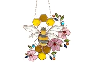 Vismin Honeybee Ornaments Stained Glass Window Hanging Suncatcher for Window Garden Home Kitchen Decorations Gift for Mom Bee Lover