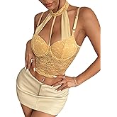 GIYKBX Women's Sexy Lace Halter Neck Crop Cami Top Spaghetti Strap Cutout Going Out Club Bustier Camisole