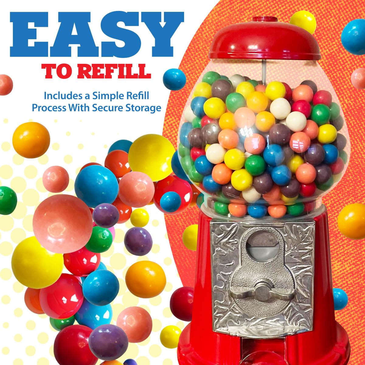 American Gumball Company - Metal 11-Inch Retro Style Red Gumball Machine, Made For 0.62 Inch Gumballs, Candy or Nuts, Accepts Any US Coin