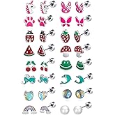 16 Pairs Hypoallergenic Screw Back Earrings for Women Girls 316L Stainless Steel Unicorn Butterfly Strawberry Cherry Flat Back Stud Earrings Jewelry Gift