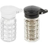 Tablecraft Moisture Proof Salt &amp; Pepper Shakers - 1.5 Oz - Glass w/Black &amp; White Lids Spring Loaded, No Clog, Set of 2