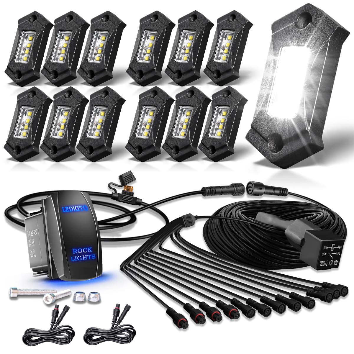 LEDKITO R3 White LED Rock Lights Kits with Rocker Switch Wire Harness 12PCS Super Bright Pure White Under Glow Trail TRAI Rig Lights High Power for Trucks Off Road RZR SUV ATV UTV