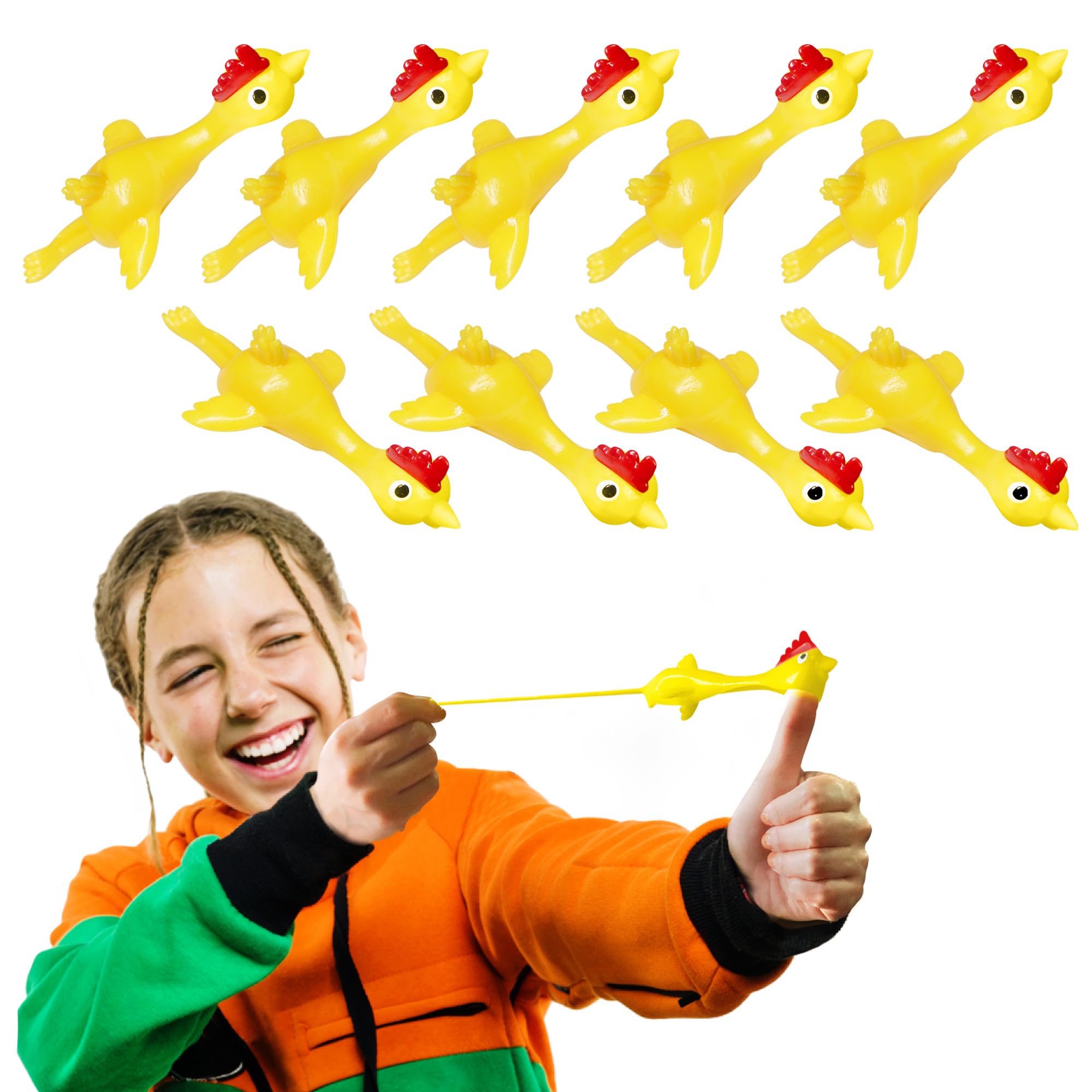 NOVELTY PLACE 10 Pcs Slingshot Chicken Flying Finger Toys - Stretchy Rubber Flick Chicks Shooting Game for Kids & Adults - Stress Relieve Fidget Toy, Party Favors & Easter Gift
