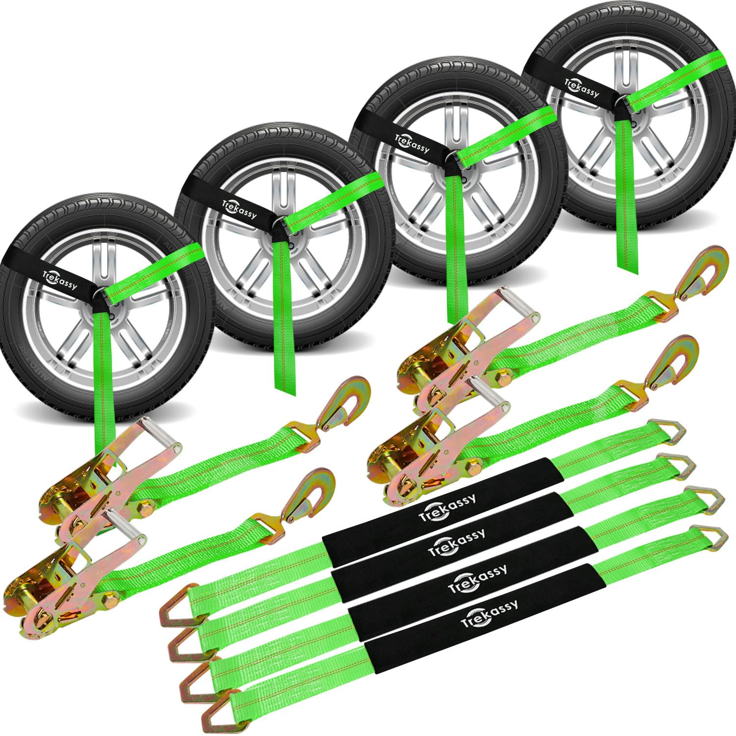 Photo 1 of Trekassy 2”x 144” Car Tie Down Straps for Trailers with Snap Hooks, 10,000lbs Break Strength, (4) Car Hauler Straps with Ratchets, (4) Axle Straps- Used for Car, Truck, UTV Transport