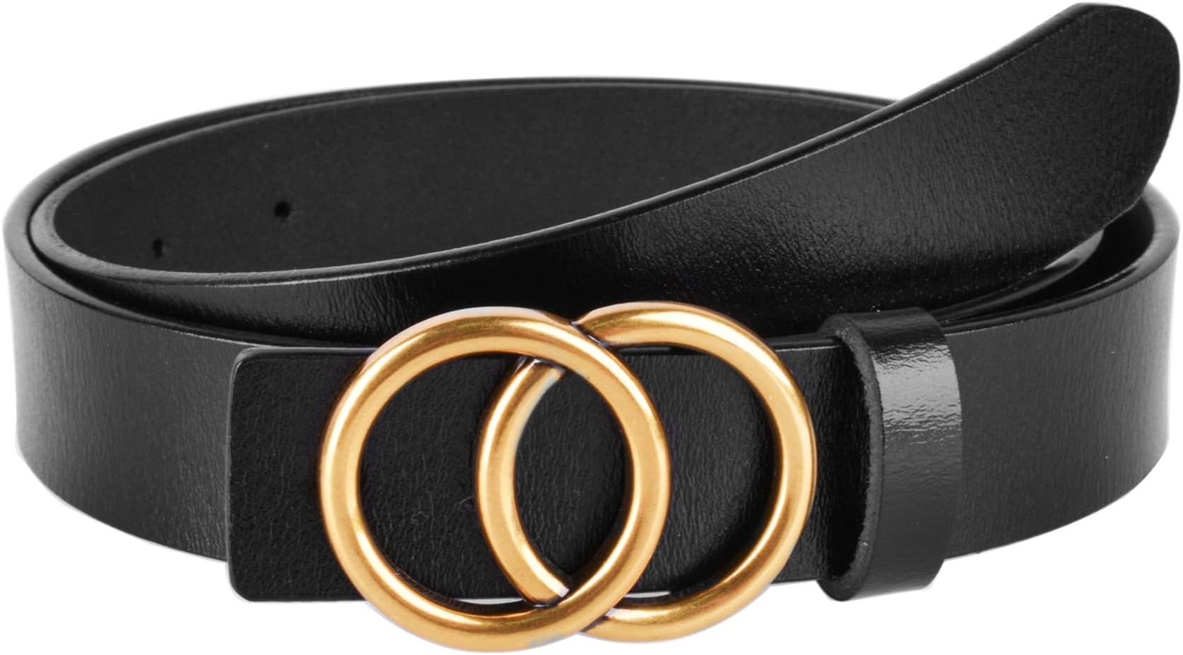 Women's Leather Skinny Belts for Dress Jeans Vintage Belts with Double Ring Gold Buckle
