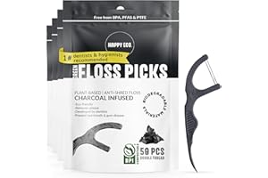 HAPPY ECO Biodegradable Floss Picks (200pcs) - Natural Dental Floss - Nontoxic Plant Based Floss Sticks for Adults & Kids - Vegan Tooth Pick Flossers - Double Thread Charcoal