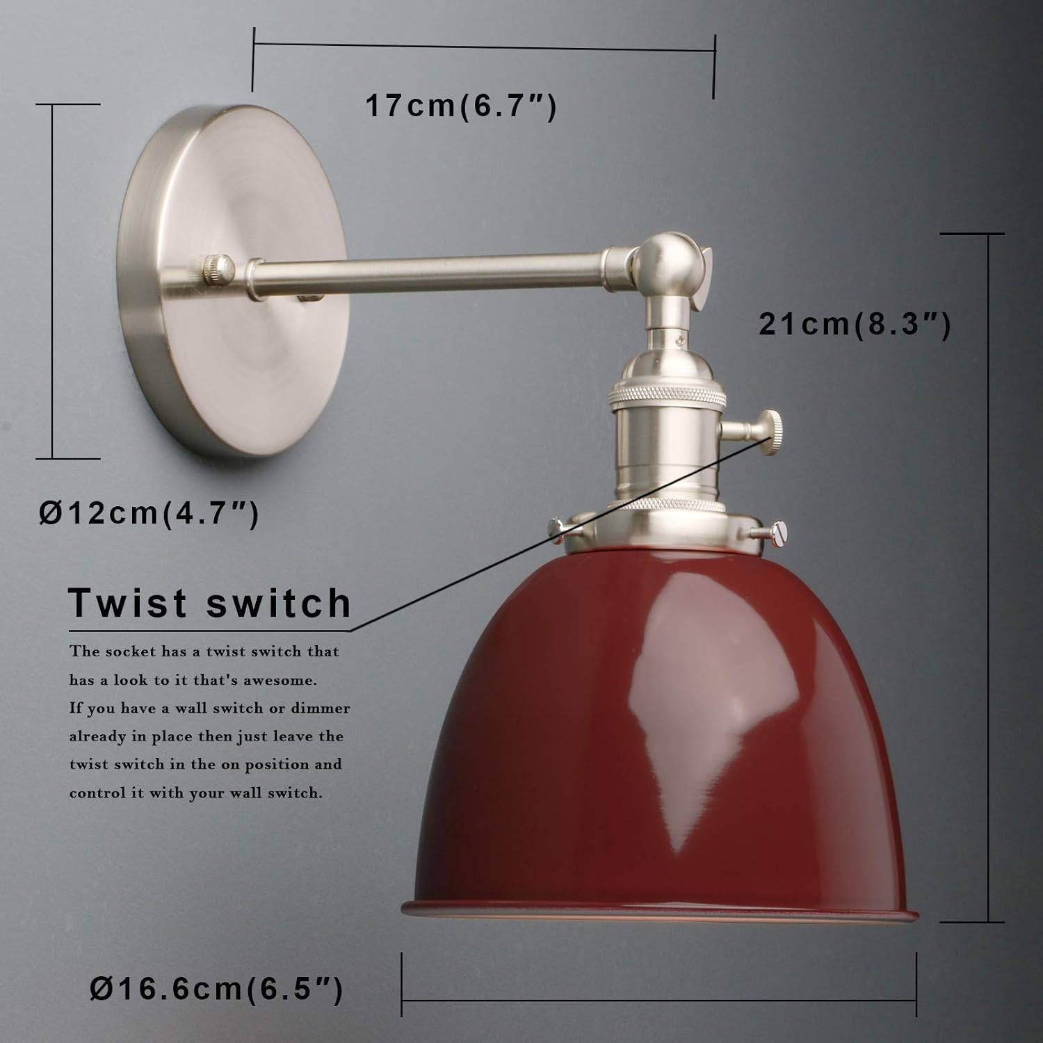 Phansthy Industrial Wall Light with On Off Switch, Retro Wall Lamp with Dome Metal Shade - Image 3
