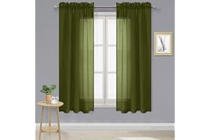DWCN Olive Green Sheer Curtains Semi Transparent Voile Rod Pocket Curtains for Bedroom and Living Room, 42 x 63 inches Long, Set of 2 Panels