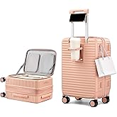 HanTrip 20 Inch Carry on Luggage 22x14x9 Airline Approved Hard Shell Suitcases with Wheels, Top Opening Expandable Carry on Luggage with Cup Holder Small Rolling Suitcase with Lock, Pink