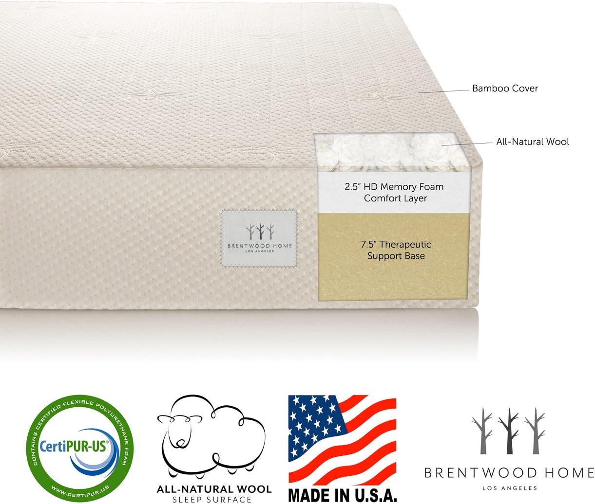Brentwood 10" HD Memory Foam Mattress - 100% Made in USA - CertiPur Foam - 25-Year Warranty, All-Natural Wool Sleep Surface and Bamboo Cover, Queen Size 60 x 80 x 10