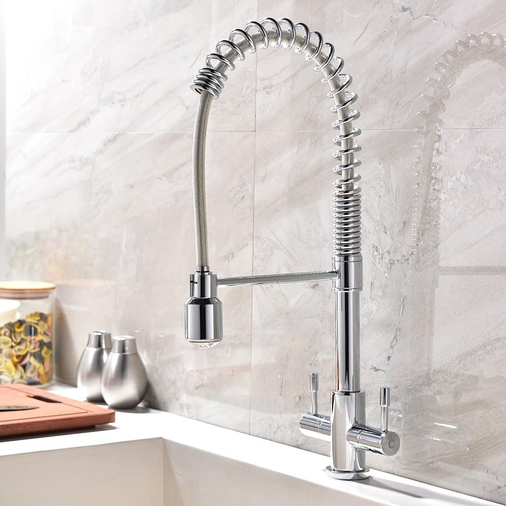 Heselian Solid Brass Double Handles Swivel Spout Spray High Arc Chrome Spring Sink Kitchen Mixer Taps, Monobloc Pull Out Stainless Steel Chrome Finish Taps