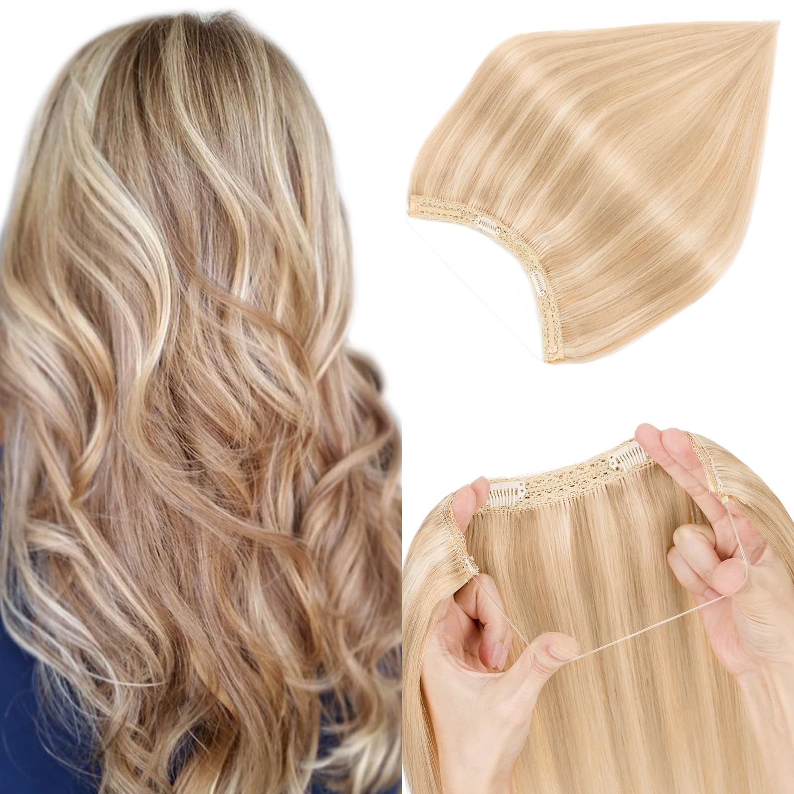 Elailite Secret Wire in Hair Extensions Real Human Hair on Wire One Piece Invisible Headband Extension with Clips Straight (#18/613 Ash Blonde Mix Bleach Blonde, 16 Inch-65 g)