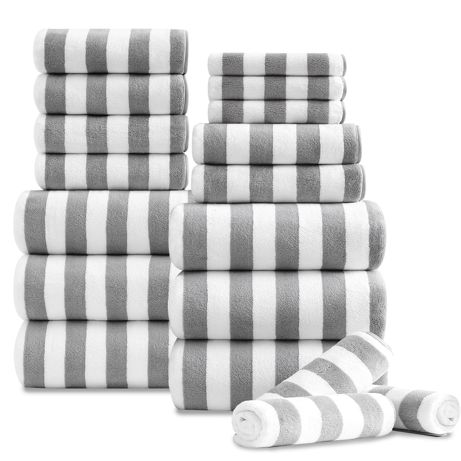 Photo 1 of Oliven 18 Pcs Light Gray Cabana Stripe Family Towels Set-6 Bath Sheets,6 Hand Towels,6 Washcloths Soft Jumbo Bathroom Towels Absorbent Shower Towel Quick Dry Beach Chair Towel Spa Gym Hotel Towel Set