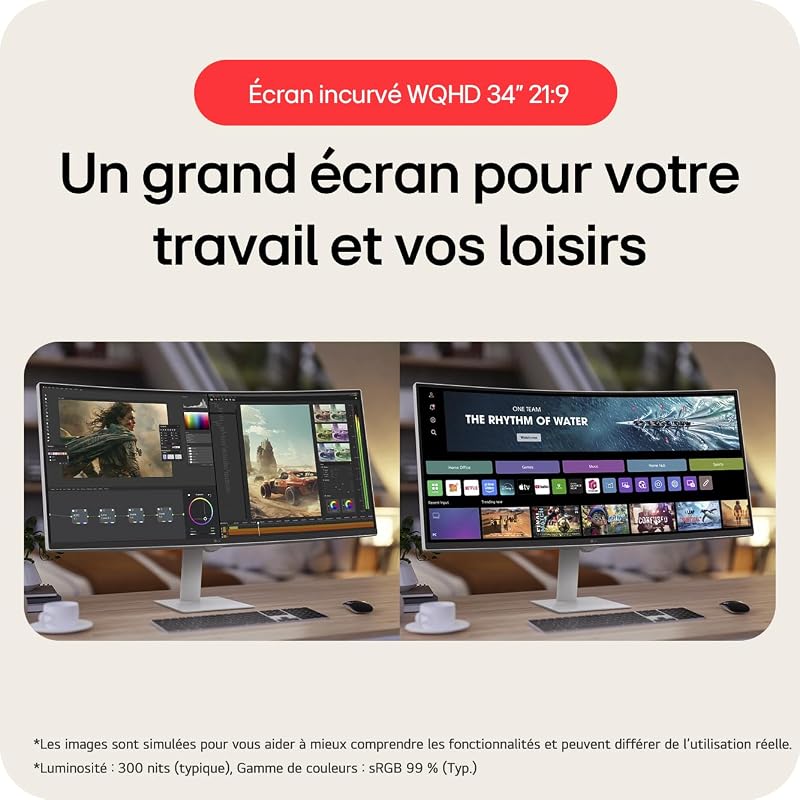 Smart Monitor 34U601SA-W 34 Pouces incurvé - Dalle VA résolution QHD (3440 x 1440), 5ms GtG 100Hz, HDR 10, sRGB 99% (CIE1931), inclinable