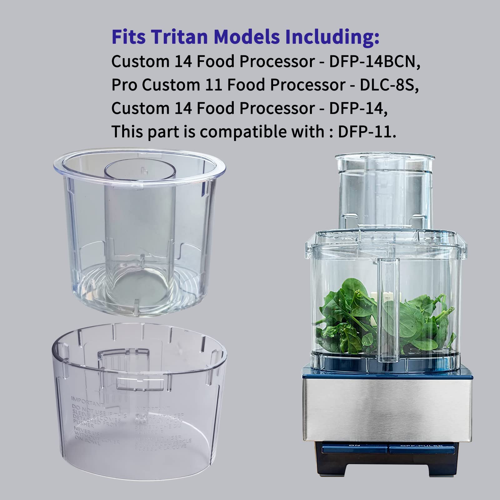 DLC-018BGTXT (DLC-018BGTXT-1) Large Pusher and Sleeve Assembly Fit for Food Processors, Compatible with Cuisinart Tritan Custom Food Processor DFP-11, DLC-8S, DLC-8SY, DFP-11 Deluxe 11,DLC -5,DLC-7FPC