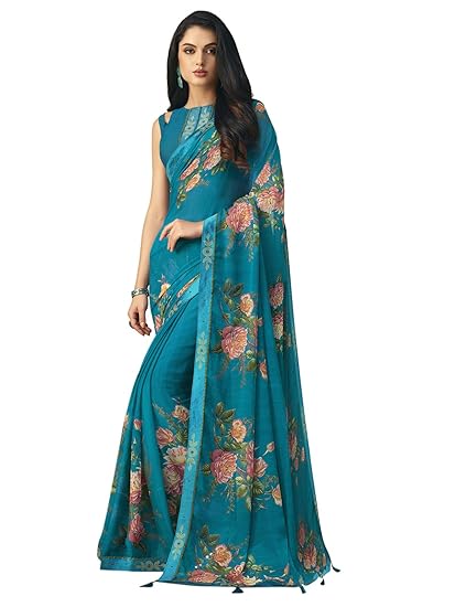 Women's Chiffon Floral Printed Lace Border Saree with Blouse