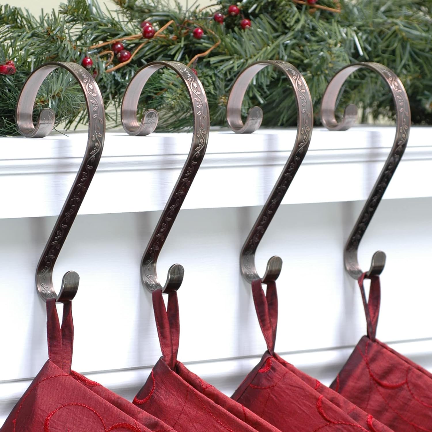 Stockings & Holders - Haute Decor Stocking Scrolls® Stocking Hanger- 4 Pack Embossed Holly (Oil-Rubbed Bronze)