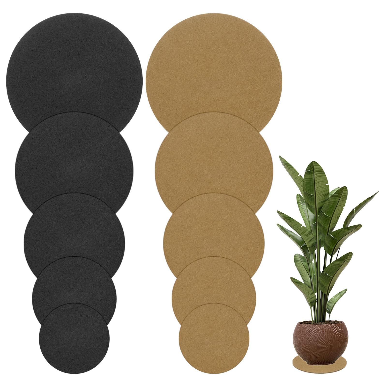 M METERXITY 10-Pack Felt Plant Coasters, 6/8/10/12/14 Inch Round Felt Coasters Plant Mats for House Plants Indoor/Waterproof Felt Pads for Plants/DIY Cork Pads [Black+Brown]