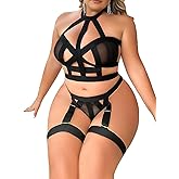 WDIRARA Women's Plus Size Strappy Harness Hollow Out 4 Piece Lingerie Set Criss Cross Bra and Thong Set with Garters