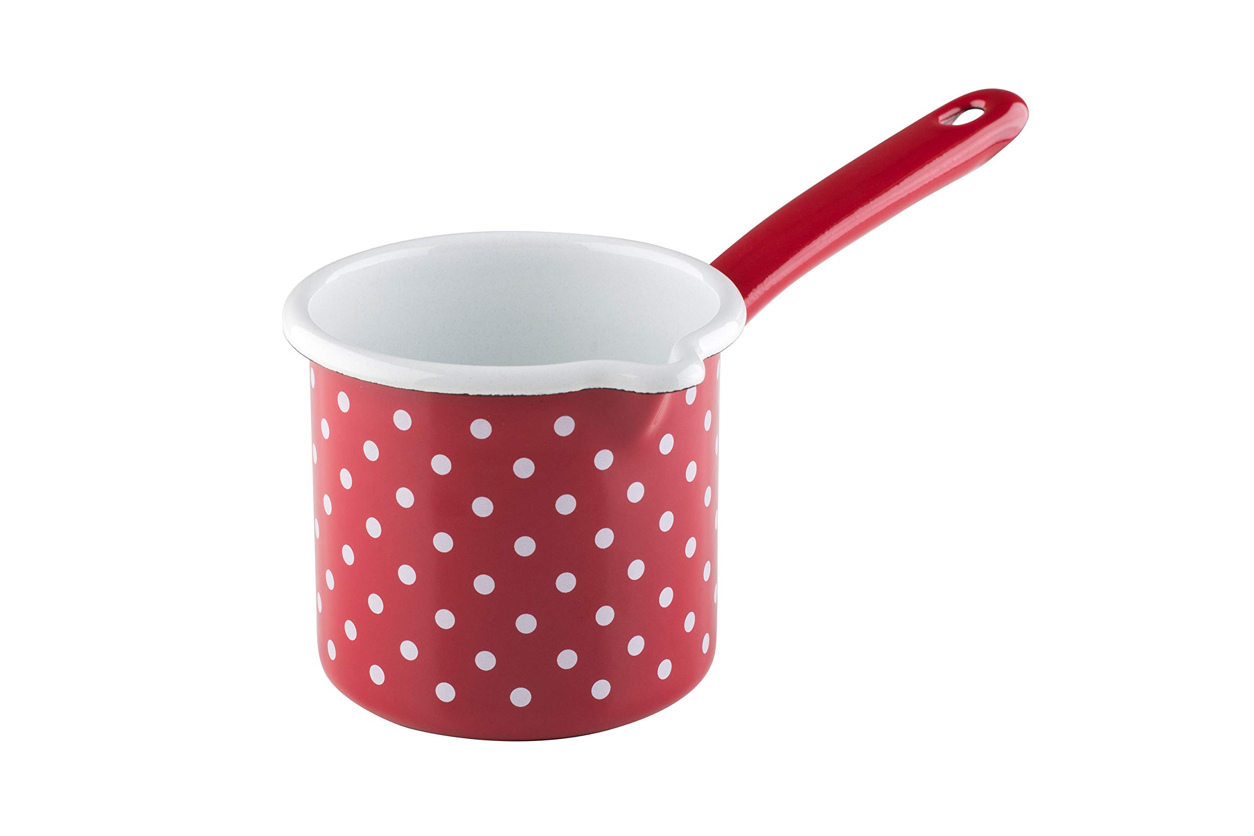 Riess, 0284-077, Sippy Pot with Handle 10 0.75 L, Country Dots Red, Diameter 10 cm, Height 10 cm, Capacity 0.75 litres, Enamel, Milk Pot, Red/White, Riess Enamel Pot