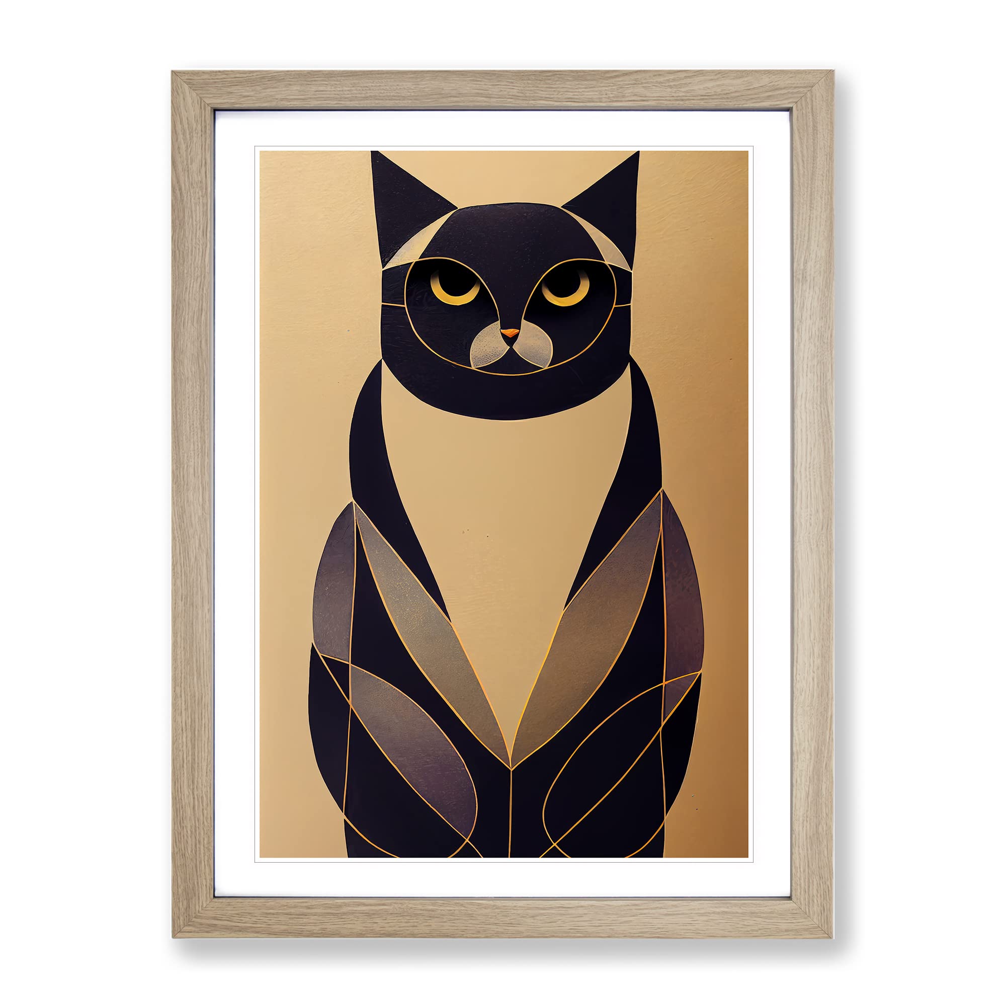Cat Art Deco No.3 Framed Print | A3 Oak Framed Wall Art | Ready to Hang | Art Deco Animal Picture | Living Room Bedroom Lounge Office