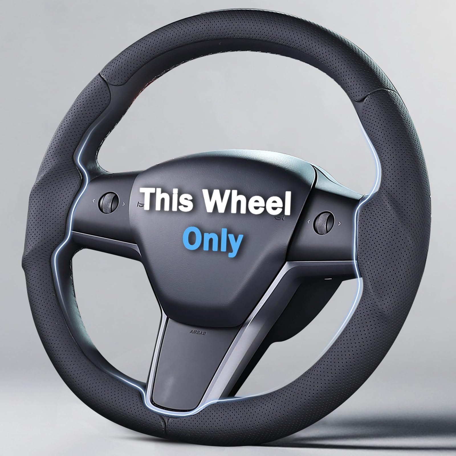 Photo 1 of Steering Wheel Cover for 2017-2023 Tesla Model 3 2020-2024 Tesla Model Y, Leather Steering Wheel Cover for Tesla Model 3/Y Accessories, Black