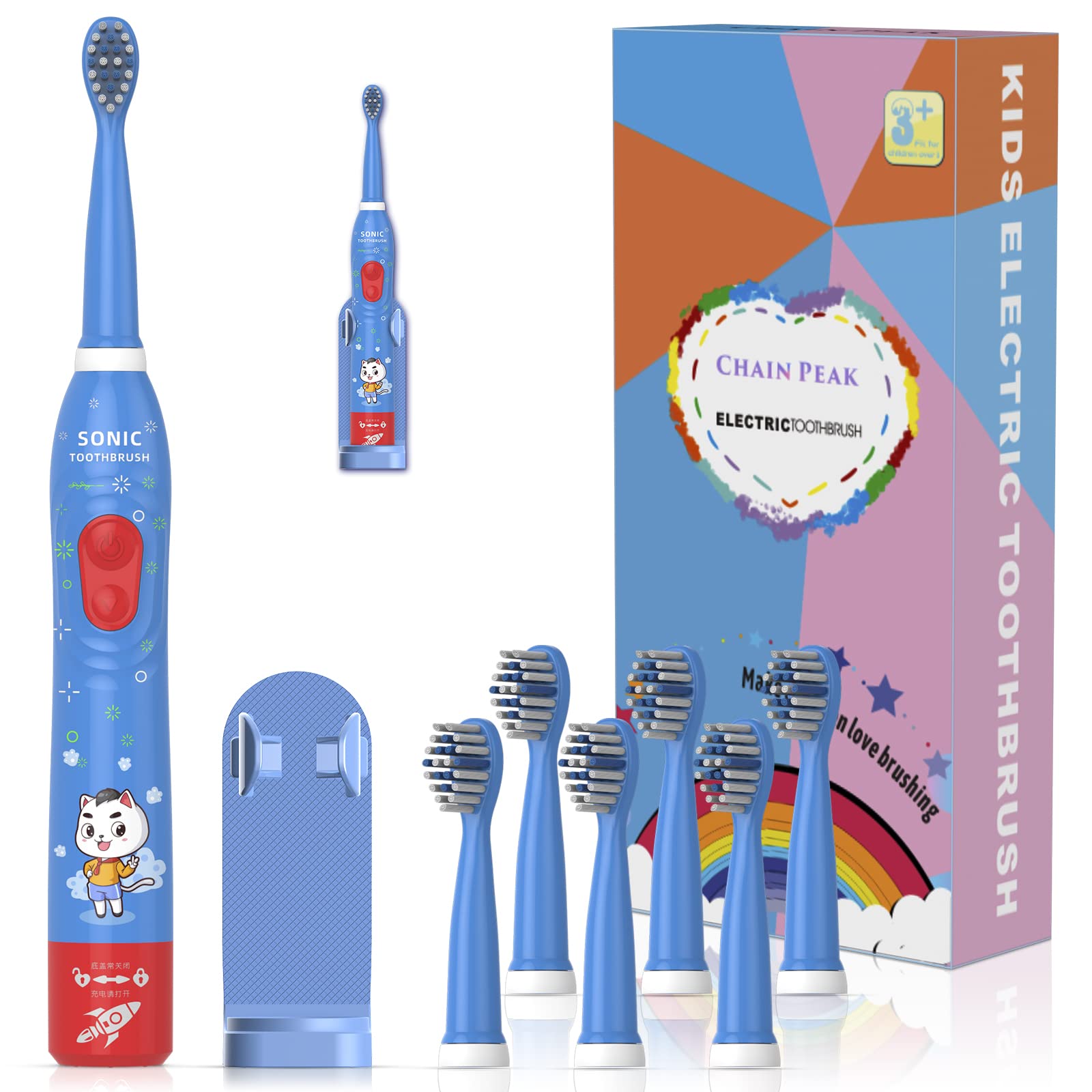 Kids Sonic Electric Toothbrush, Rechargeable Smart Toothbrush for Children Toddlers Boys Girls Age 3-12 with 30s Reminder, 2 Mins Timer, 6 Modes, 2 Brush Heads (8630 Blue+ 2 Heads)
