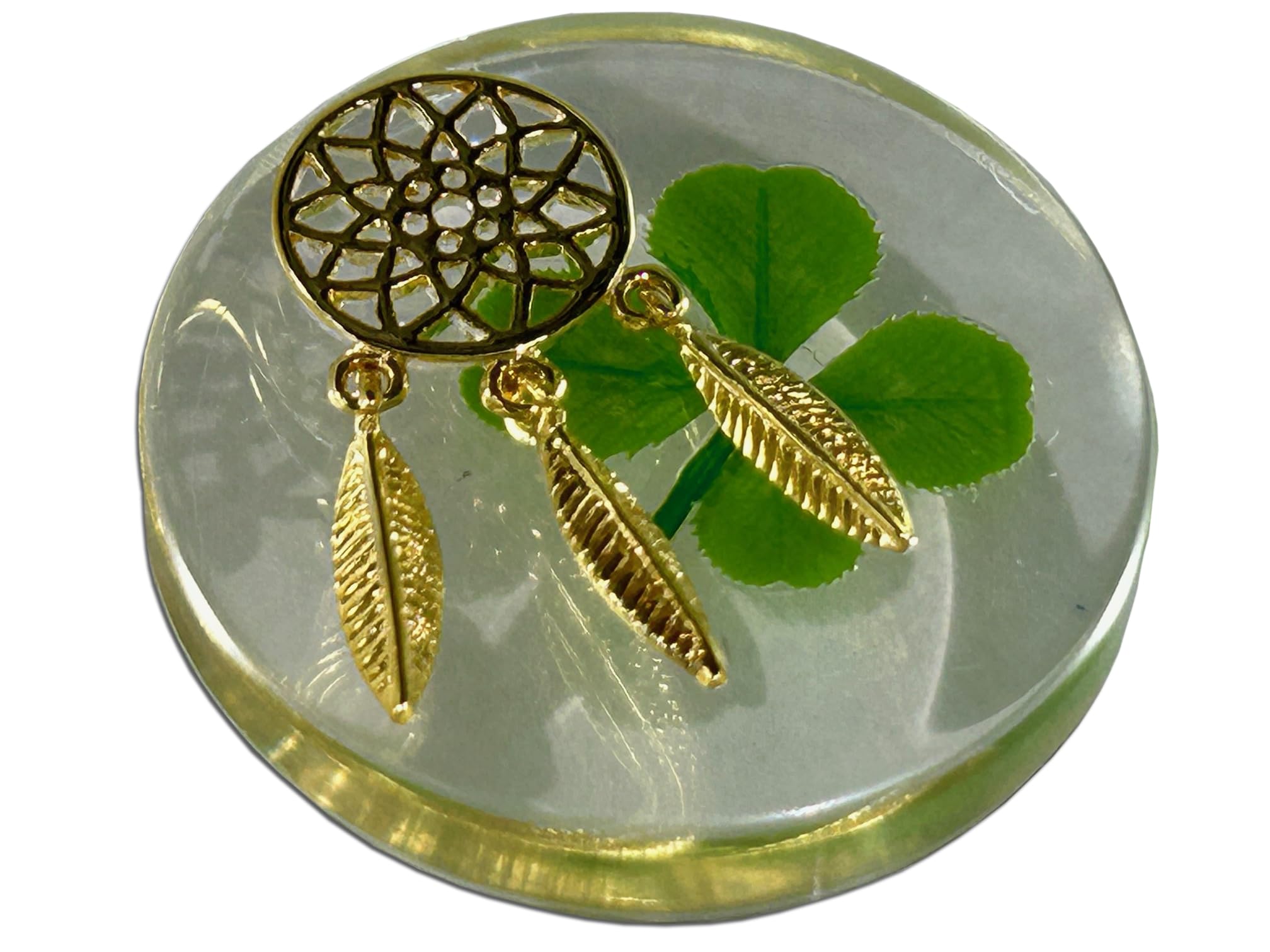 Real Four Leaf Clover Good Luck Pocket Token, Preserved, 3.2 cm, Including Metal Ornament (Dream Catcher)