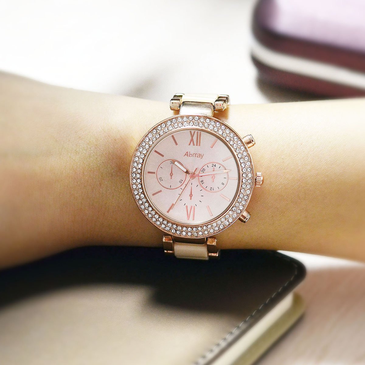 Oumosi Women\'s Swarovski Crystal Accented Gold-Tone and Pink Bracelet Wrist Watch