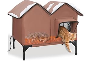 IPEAIN Heated Cat House for Outside, Large Elevated Waterproof Outdoor Cat House Weatherproof with Escape Doors and Heating Pad for Winter, Sturdy Insulated Outdoor Cat Shelter for Multiple Cats, Brown